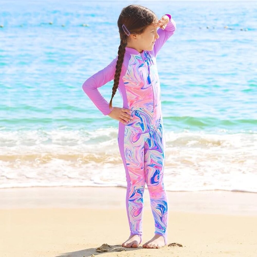 sz 12 NWT 1PCS Girls Long Sleeve Swimsuit UPF 50+Rashguard Zip front footed